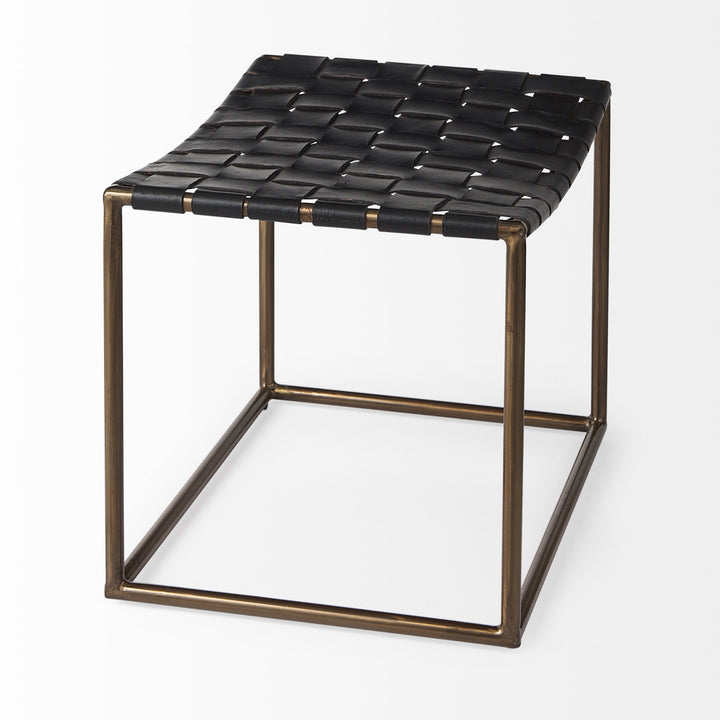 Clarissa Black Leather Woven Seat W/ Gold Metal Frame Stool Decor Mercana