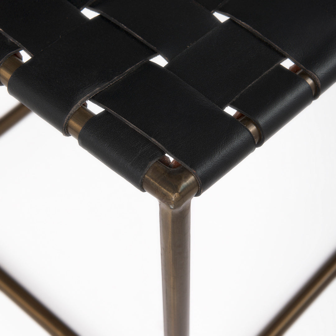Clarissa Black Leather Woven Seat W/ Gold Metal Frame Stool Decor Mercana