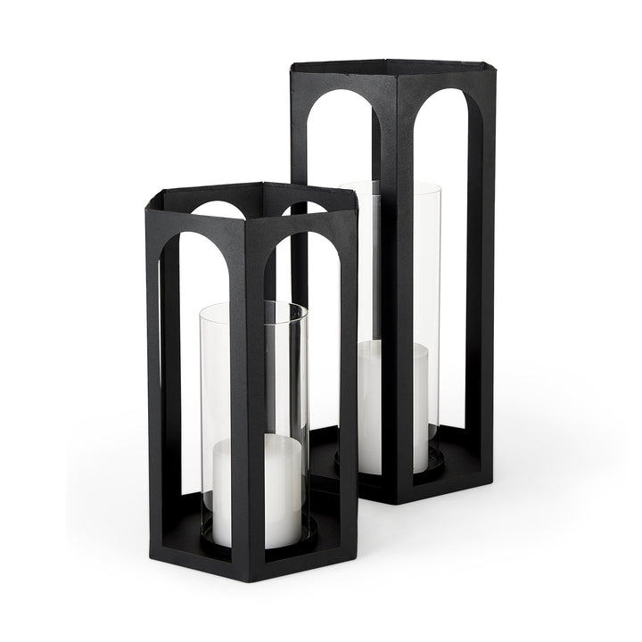 Balley Set of Two Matte Black Metal Hexagonal Candle Holder Lanterns Decor Mercana