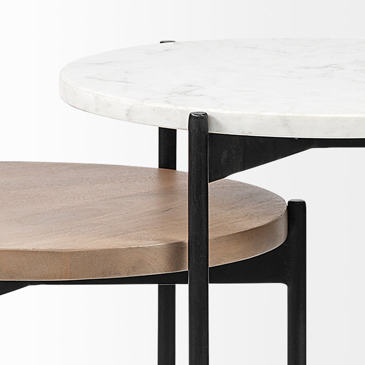Larkin II Marble and Medium Brown Wood Round Tabletop Nesting End/Side Tables Living Room Mercana