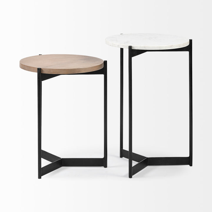 Larkin II Marble and Medium Brown Wood Round Tabletop Nesting End/Side Tables Living Room Mercana