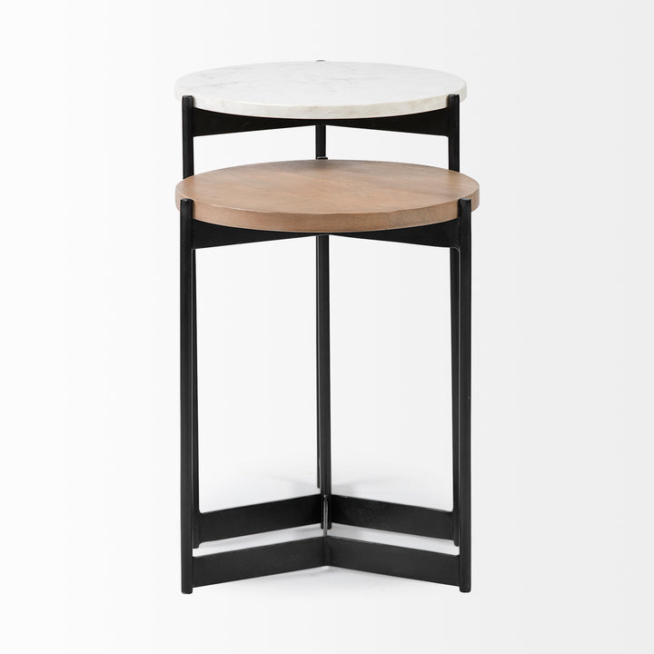 Larkin II Marble and Medium Brown Wood Round Tabletop Nesting End/Side Tables Living Room Mercana
