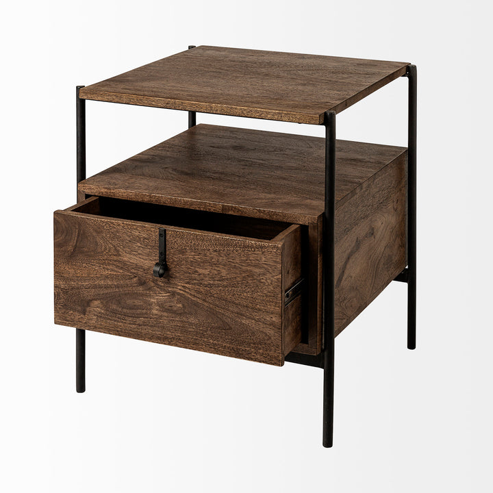 Glenn I Dark Brown Wood w/ Black Iron Frame Square End/Side Table Dining Room Mercana