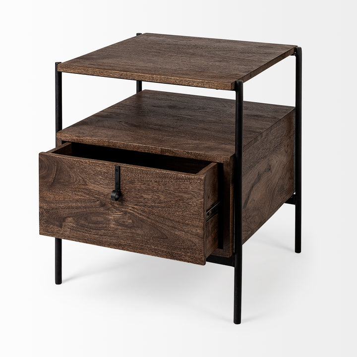 Glenn I Dark Brown Wood w/ Black Iron Frame Square End/Side Table Dining Room Mercana