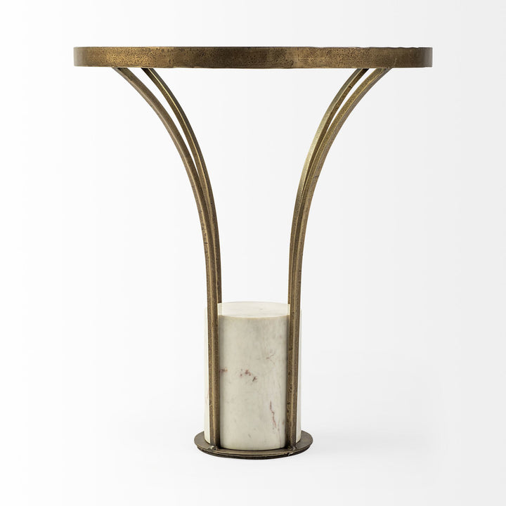 Jacinta II 21" Round Glass Top Metal and Marble Pedestal End/Side Table Living Room Mercana