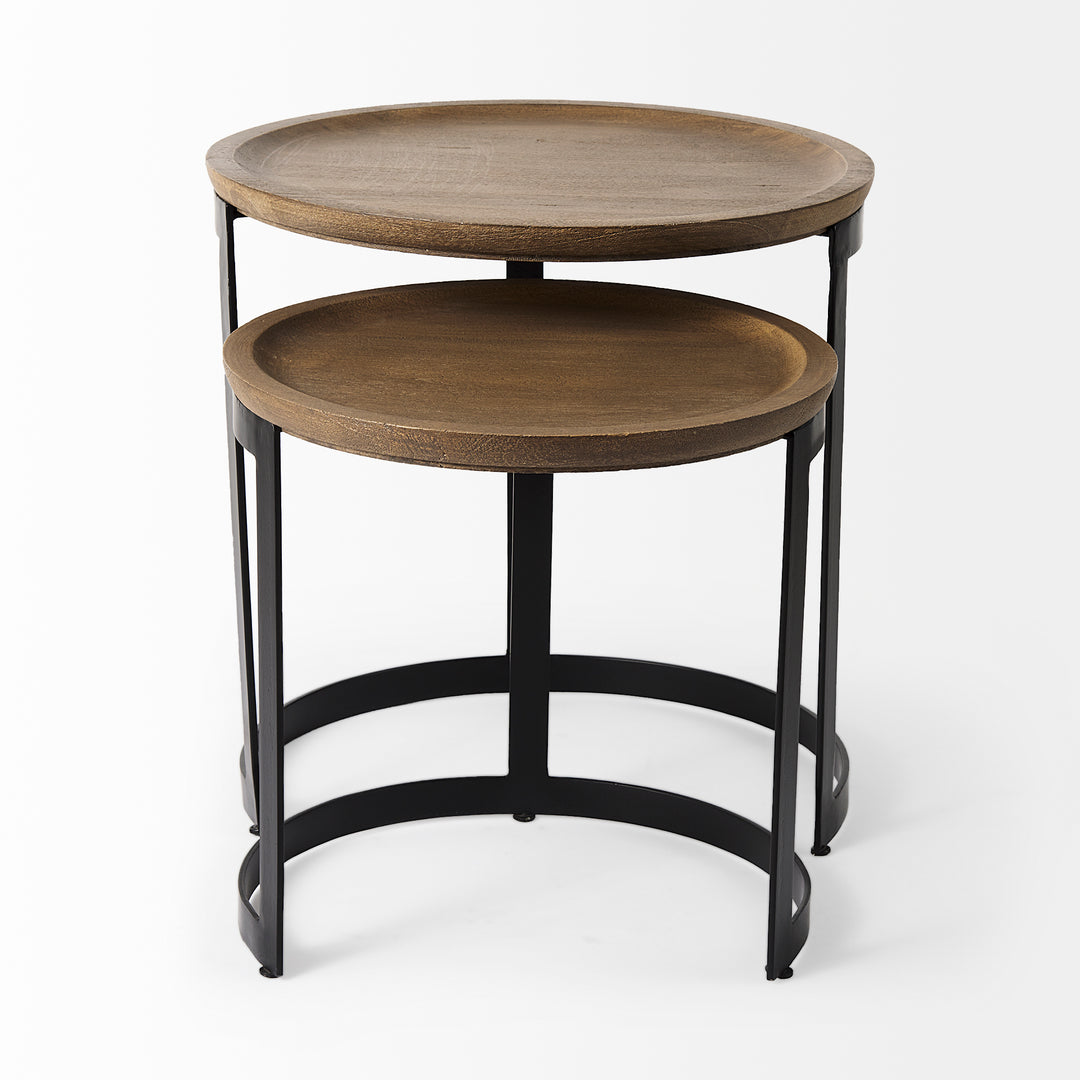 Aisley (Set of 2) Light Brown Wood W/ Black Metal Base Round Nesting Side Tables Living Room Mercana