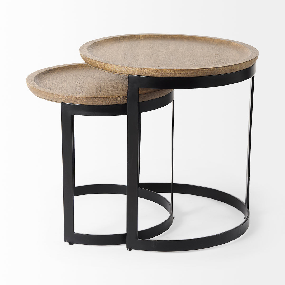 Aisley (Set of 2) Light Brown Wood W/ Black Metal Base Round Nesting Side Tables Living Room Mercana