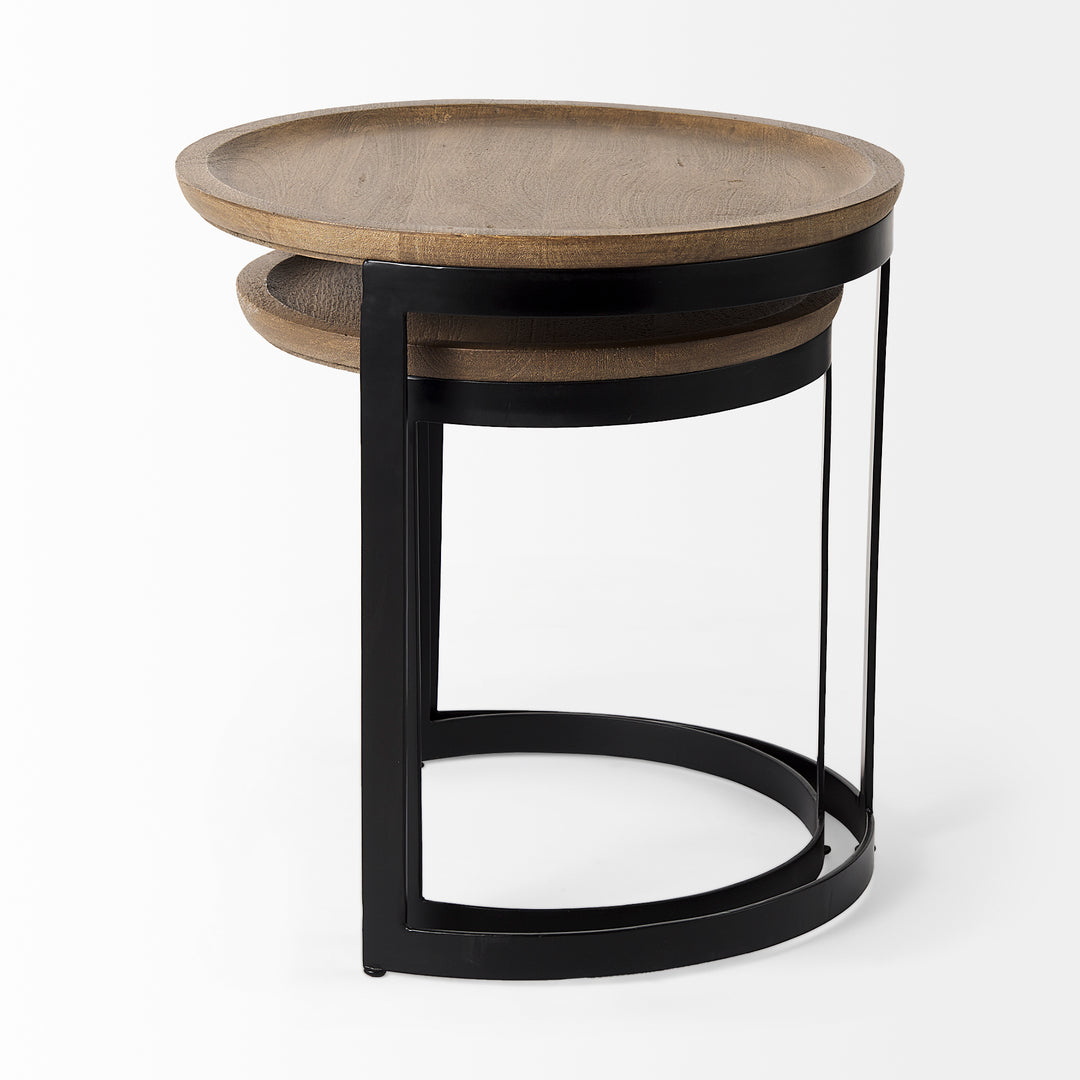 Aisley (Set of 2) Light Brown Wood W/ Black Metal Base Round Nesting Side Tables Living Room Mercana