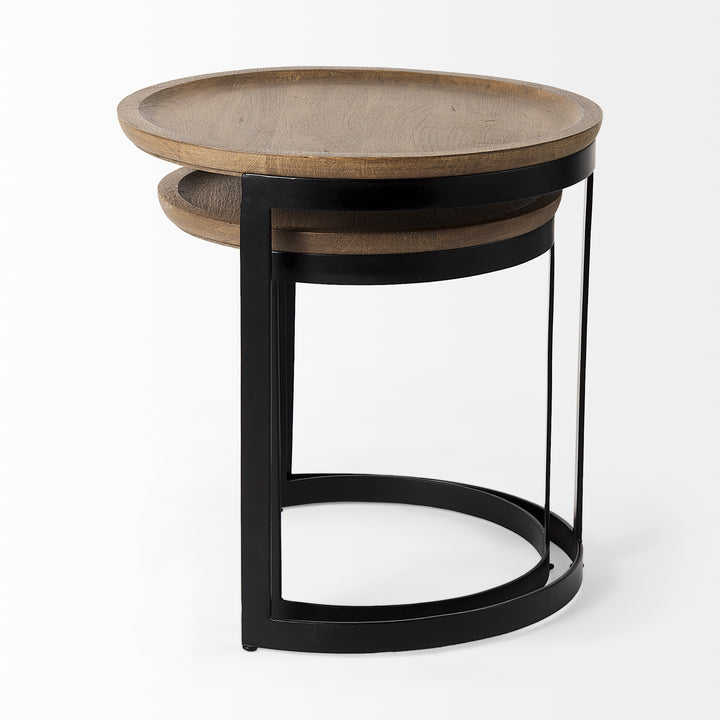 Aisley (Set of 2) Light Brown Wood W/ Black Metal Base Round Nesting Side Tables Living Room Mercana