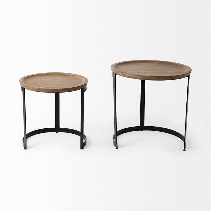 Aisley (Set of 2) Light Brown Wood W/ Black Metal Base Round Nesting Side Tables Living Room Mercana