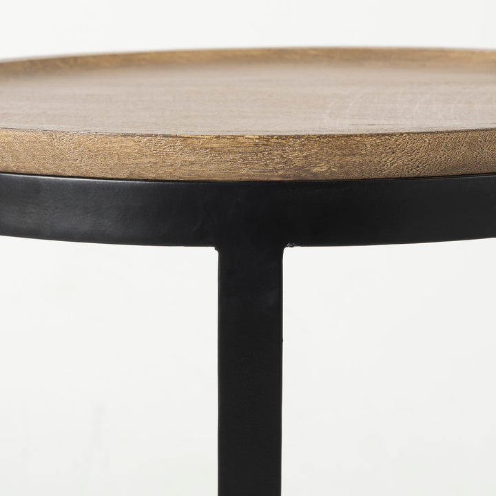 Aisley (Set of 2) Light Brown Wood W/ Black Metal Base Round Nesting Side Tables Living Room Mercana