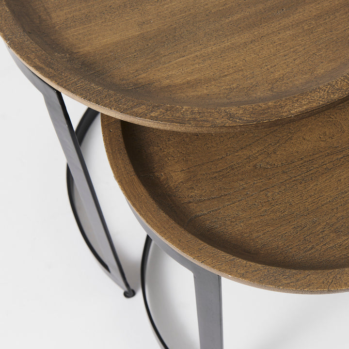 Aisley (Set of 2) Light Brown Wood W/ Black Metal Base Round Nesting Side Tables Living Room Mercana