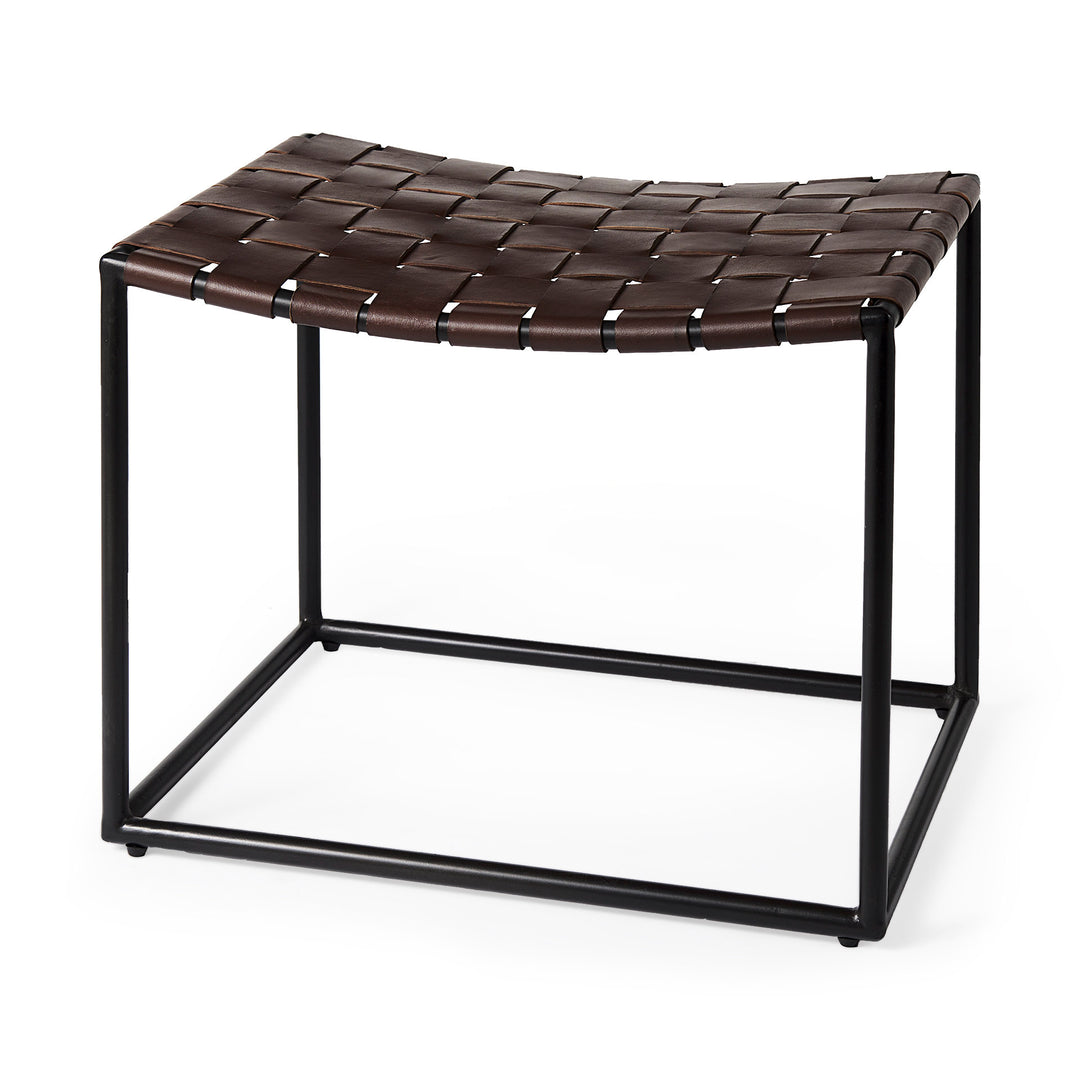 Clarissa Brown Leather Woven Seat W/ Black Metal Frame Stool Decor Mercana