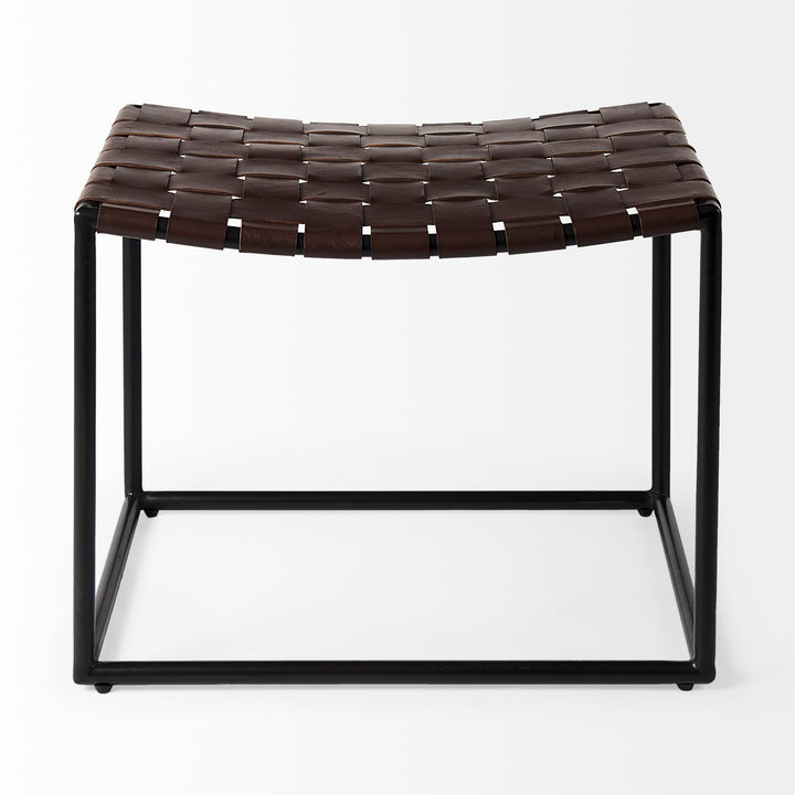 Clarissa Brown Leather Woven Seat W/ Black Metal Frame Stool Decor Mercana