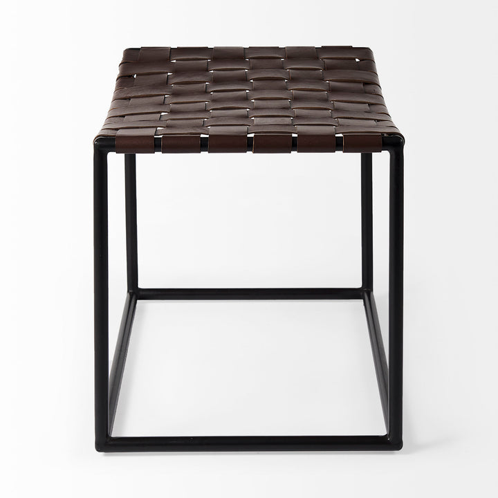Clarissa Brown Leather Woven Seat W/ Black Metal Frame Stool Decor Mercana