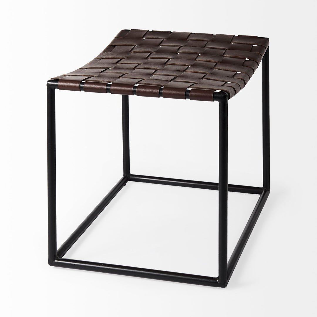 Clarissa Brown Leather Woven Seat W/ Black Metal Frame Stool Decor Mercana