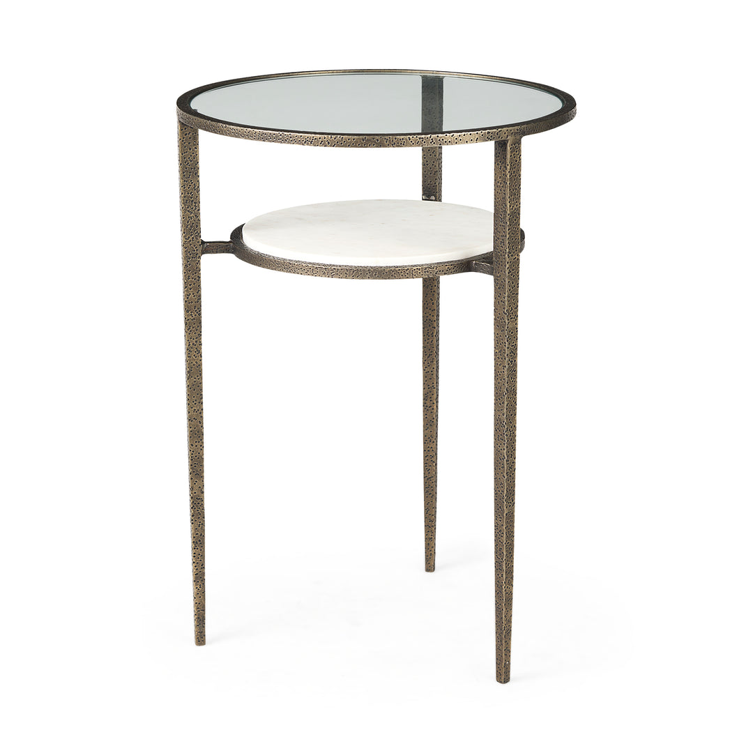Felicity Glass Top W/ White Marble Shelf and Antique Gold Base End/Side Table Living Room Mercana