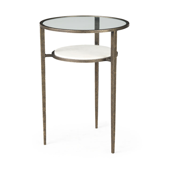Felicity Glass Top W/ White Marble Shelf and Antique Gold Base End/Side Table Living Room Mercana