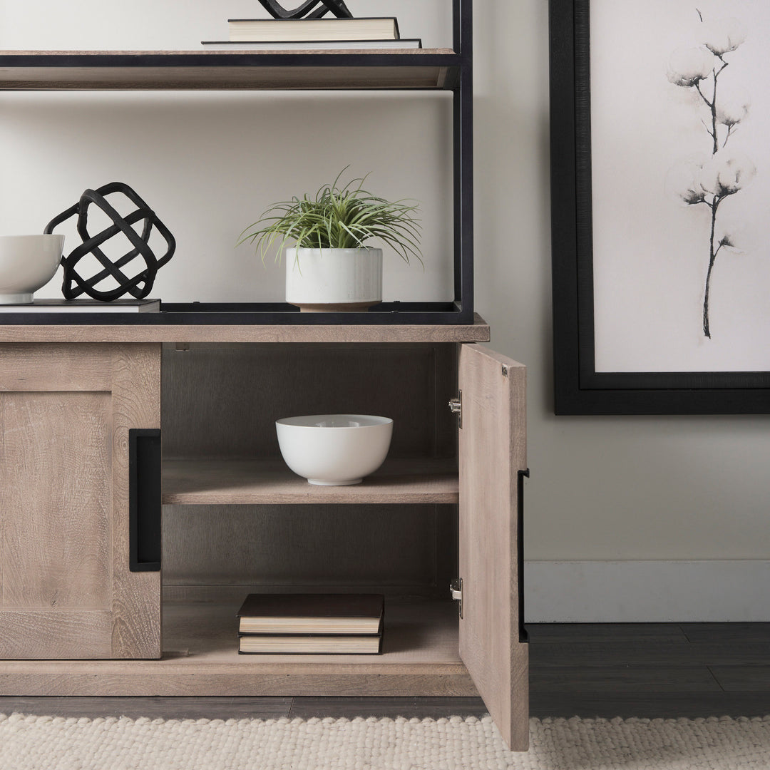 Braxton II Light Brown Wood and Iron Three Shelf Shelving Unit 41.5L x 18.5W x 9 Living Room Mercana