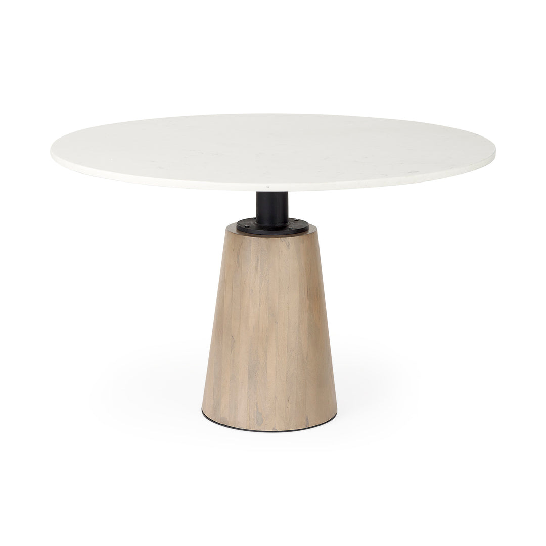 Maxwell White Marble Round Top W/ Black Metal and Wood Pedestal Base Dining Table Dining Room Mercana