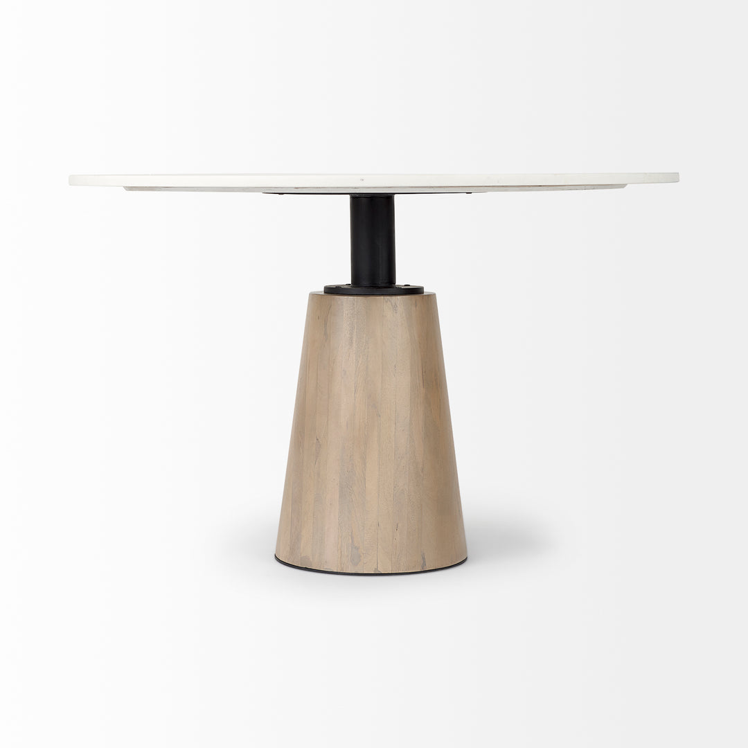 Maxwell White Marble Round Top W/ Black Metal and Wood Pedestal Base Dining Table Dining Room Mercana