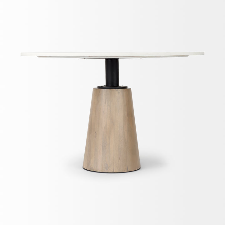 Maxwell White Marble Round Top W/ Black Metal and Wood Pedestal Base Dining Table Dining Room Mercana