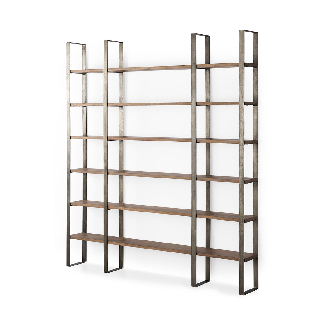 Taunton Medium Brown Wood W/ Antique Nickel Metal Frame 6 Tier Shelving Unit Decor Mercana
