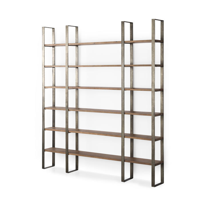 Taunton Medium Brown Wood W/ Antique Nickel Metal Frame 6 Tier Shelving Unit Decor Mercana