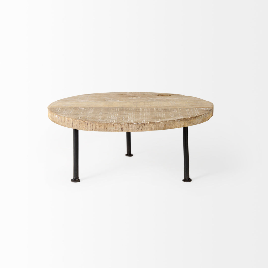 Cedric Round Light Brown Wood w/ Black Metal Legs Decorative Display Stand Decor Mercana