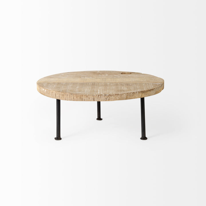 Cedric Round Light Brown Wood w/ Black Metal Legs Decorative Display Stand Decor Mercana