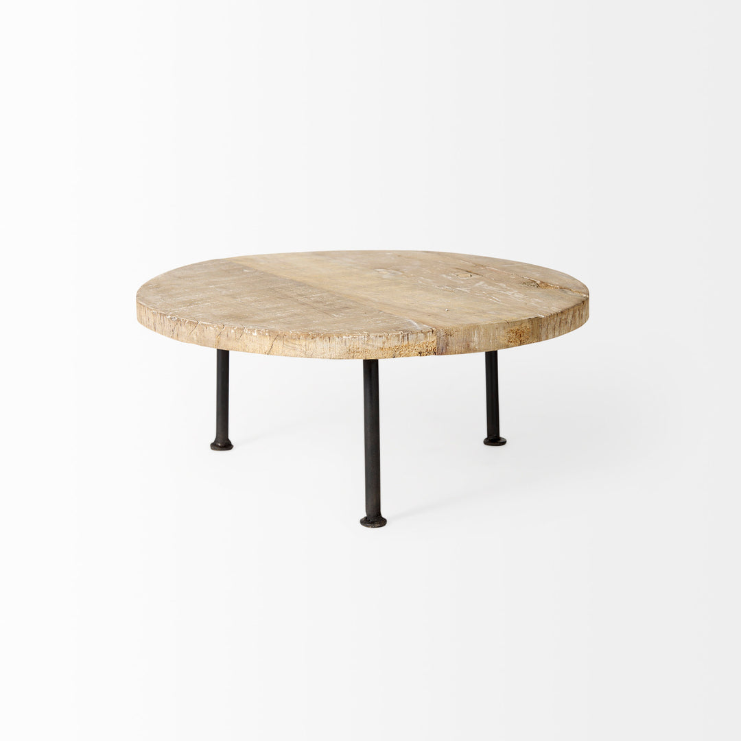 Cedric Round Light Brown Wood w/ Black Metal Legs Decorative Display Stand Decor Mercana