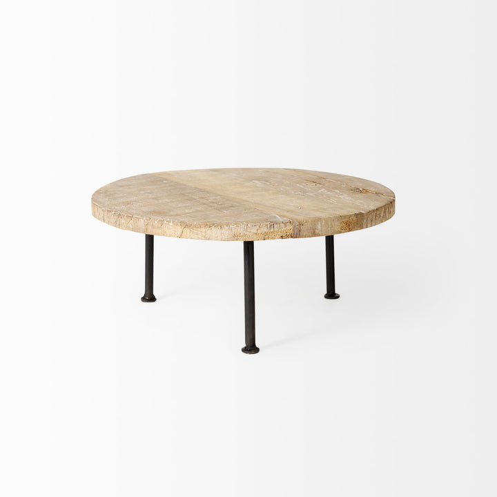 Cedric Round Light Brown Wood w/ Black Metal Legs Decorative Display Stand Decor Mercana