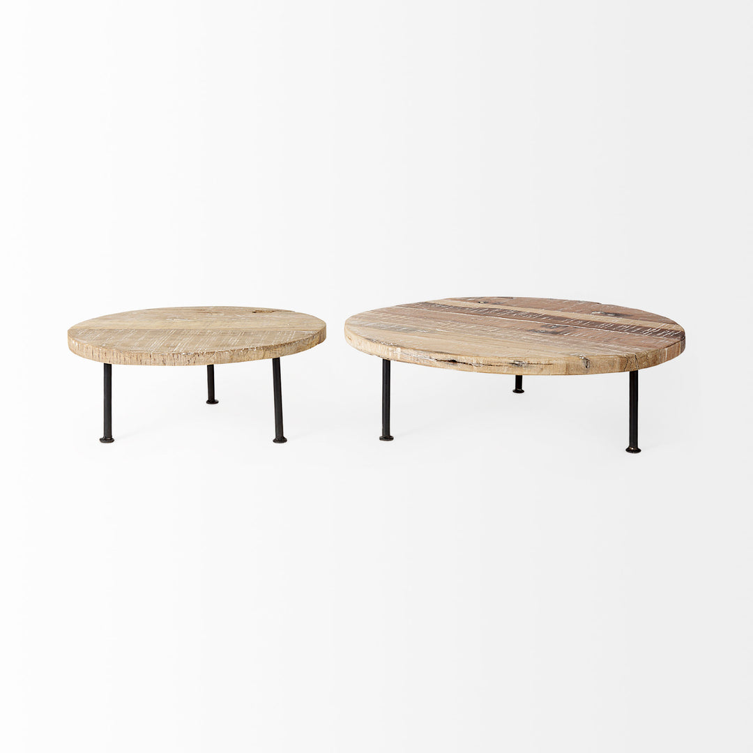 Cedric Round Light Brown Wood w/ Black Metal Legs Decorative Display Stand Decor Mercana