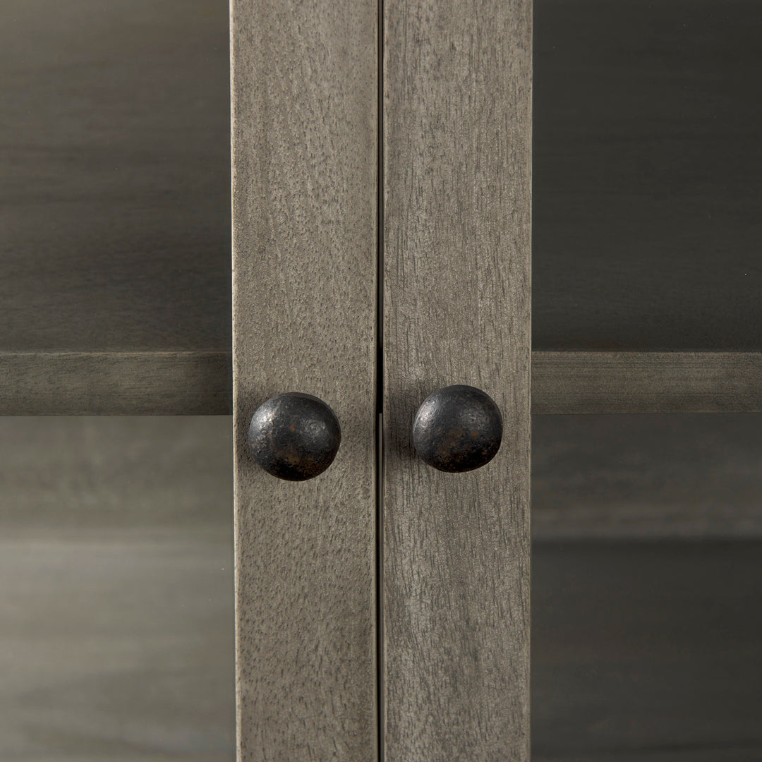 Arelius Gray Wood, Black Metal Base w/ 2 Glass Doors Accent Cabinet Decor Mercana