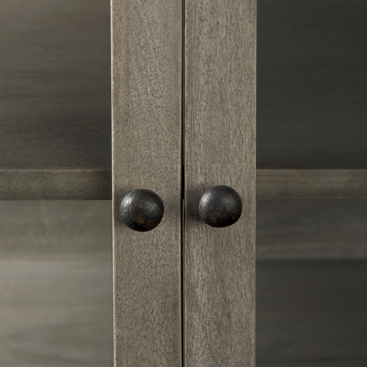 Arelius Gray Wood, Black Metal Base w/ 2 Glass Doors Accent Cabinet Decor Mercana