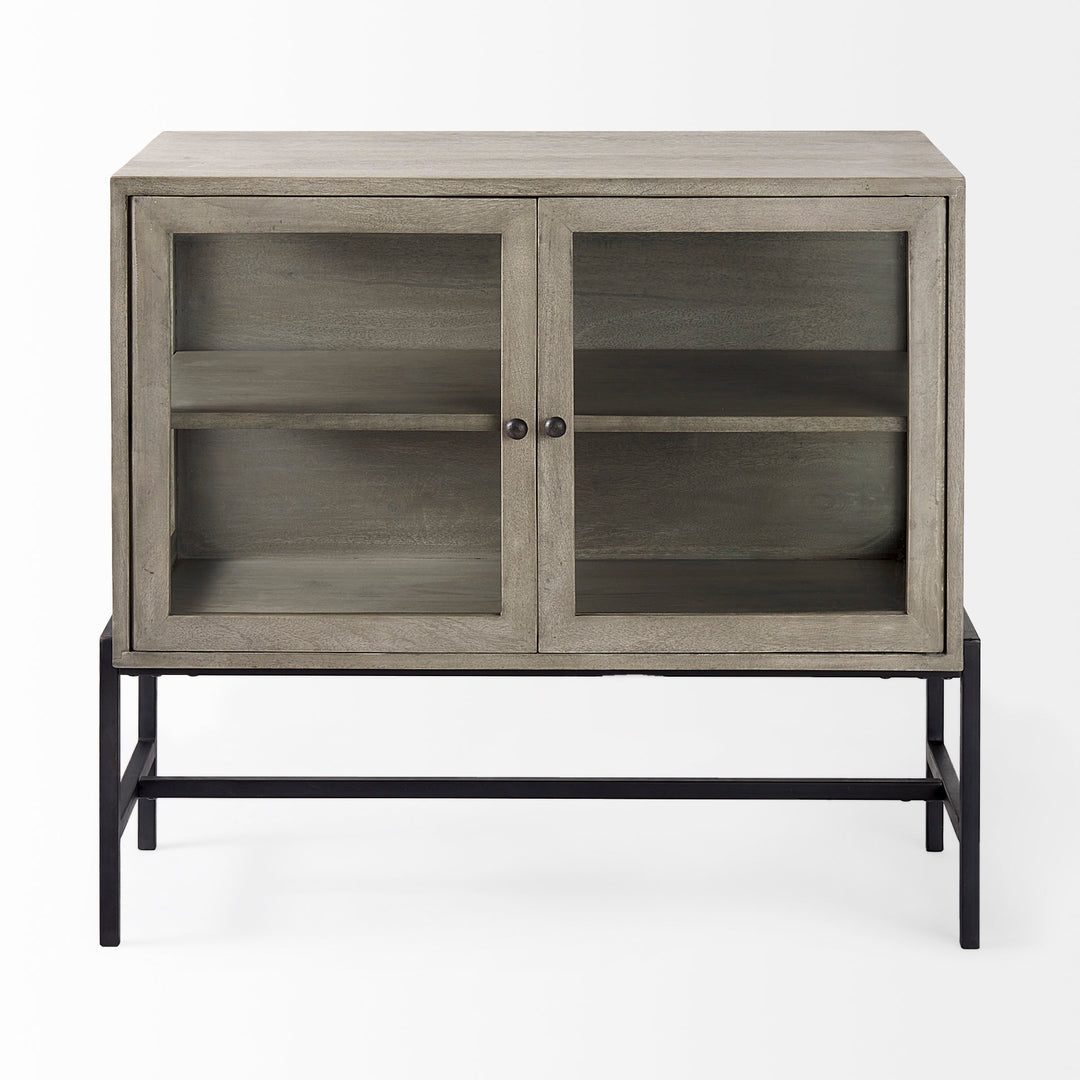 Arelius Gray Wood, Black Metal Base w/ 2 Glass Doors Accent Cabinet Decor Mercana