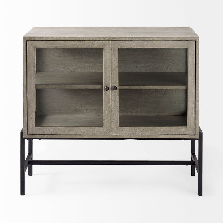 Arelius Gray Wood, Black Metal Base w/ 2 Glass Doors Accent Cabinet Decor Mercana