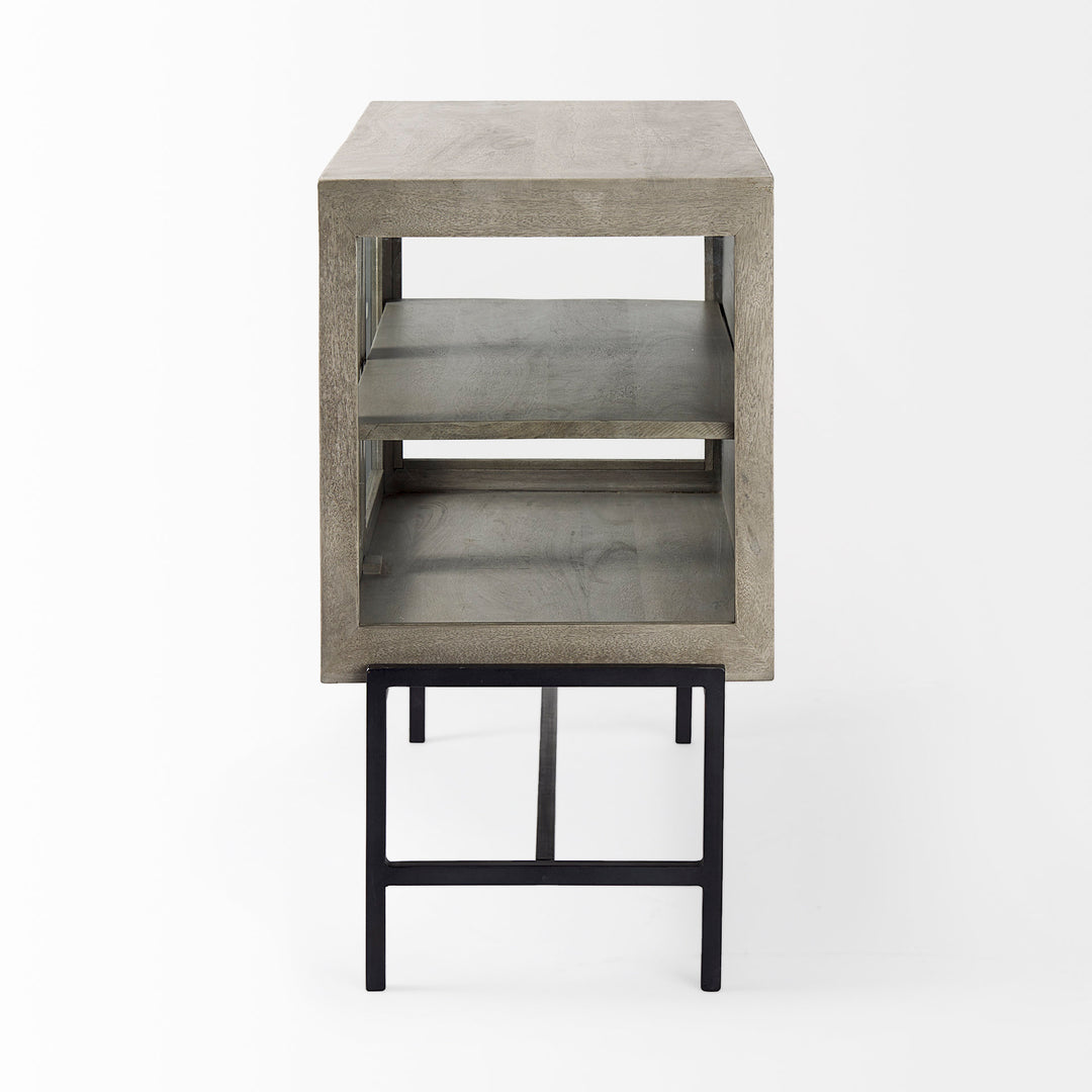 Arelius Gray Wood, Black Metal Base w/ 2 Glass Doors Accent Cabinet Decor Mercana