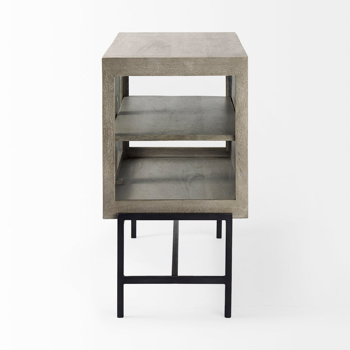 Arelius Gray Wood, Black Metal Base w/ 2 Glass Doors Accent Cabinet Decor Mercana