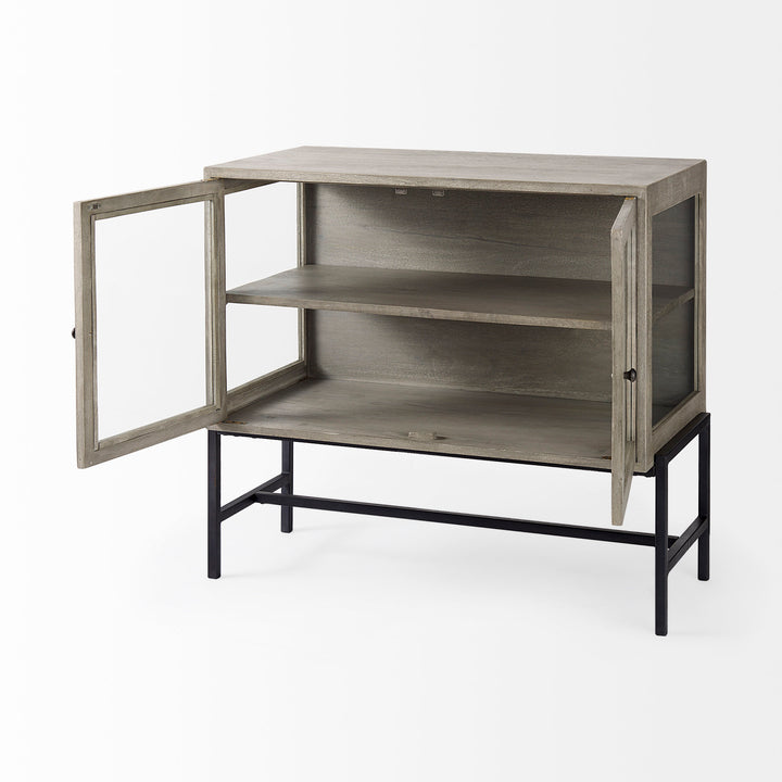 Arelius Gray Wood, Black Metal Base w/ 2 Glass Doors Accent Cabinet Decor Mercana