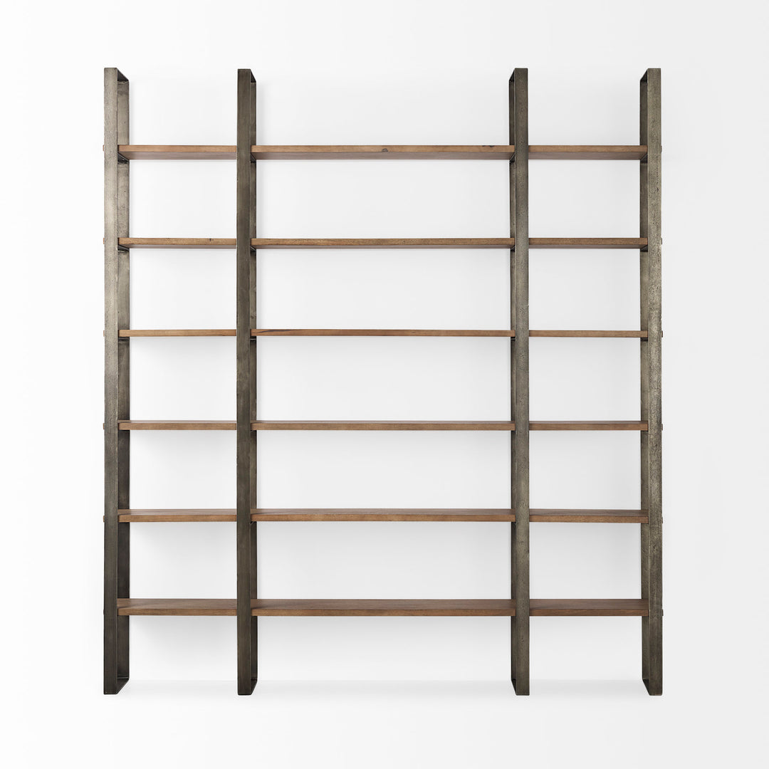 Taunton Medium Brown Wood W/ Antique Nickel Metal Frame 6 Tier Shelving Unit Decor Mercana