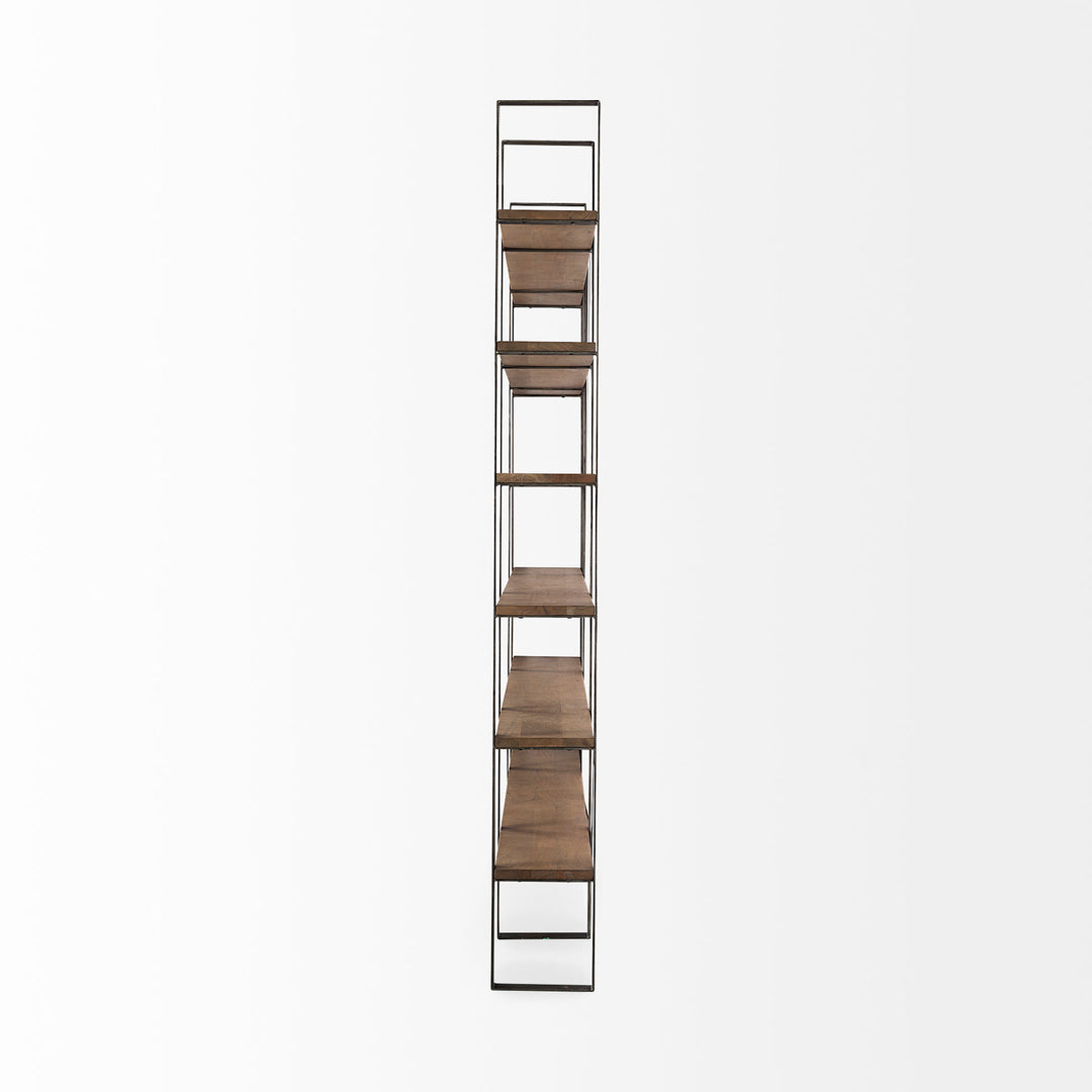 Taunton Medium Brown Wood W/ Antique Nickel Metal Frame 6 Tier Shelving Unit Decor Mercana