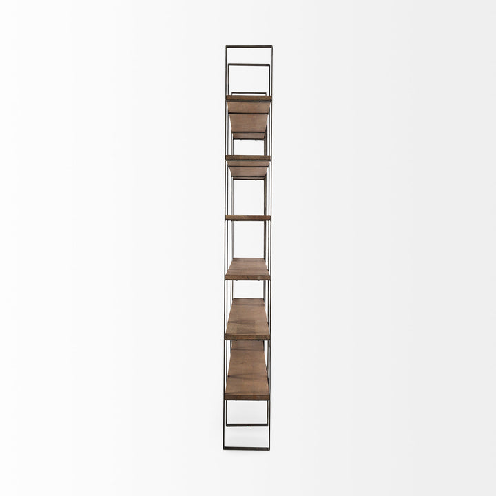 Taunton Medium Brown Wood W/ Antique Nickel Metal Frame 6 Tier Shelving Unit Decor Mercana