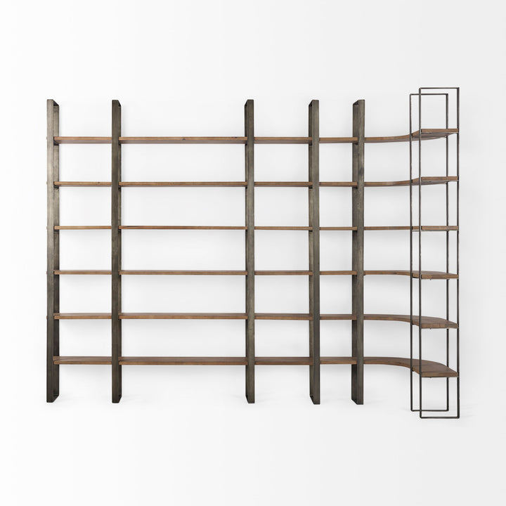 Taunton Medium Brown Wood W/ Antique Nickel Metal Frame 6 Tier Shelving Unit Decor Mercana