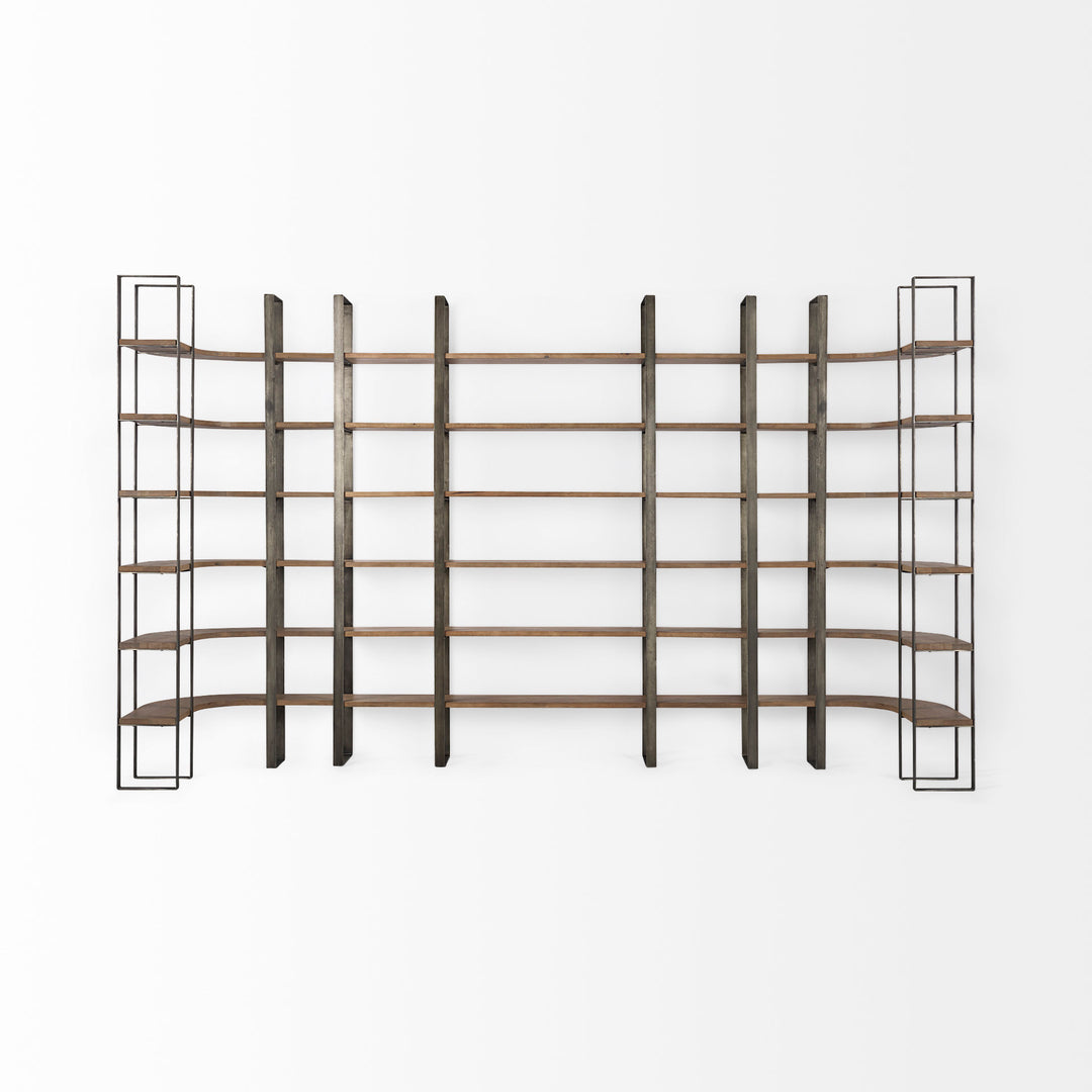Taunton Medium Brown Wood W/ Antique Nickel Metal Frame 6 Tier Shelving Unit Decor Mercana