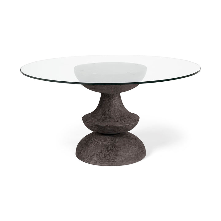 Crossman III Dark Brown/Gray Solid Wood Base W/ Round Glass Top Dining Table Dining Room Mercana