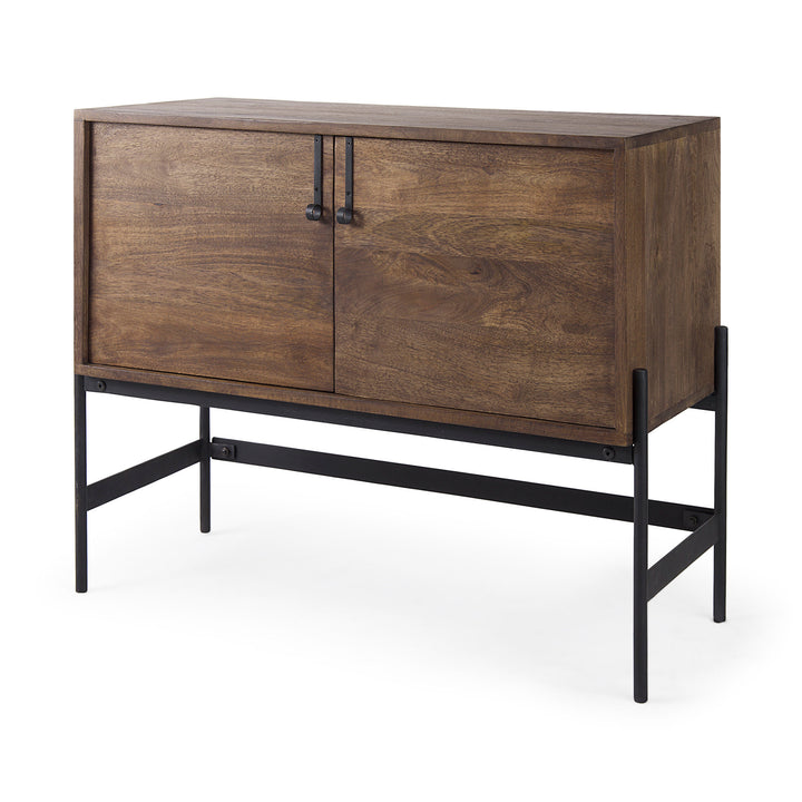 Glenn Dark Brown Wood w/ Black Iron Frame, 2 Door Accent Cabinet Decor Mercana