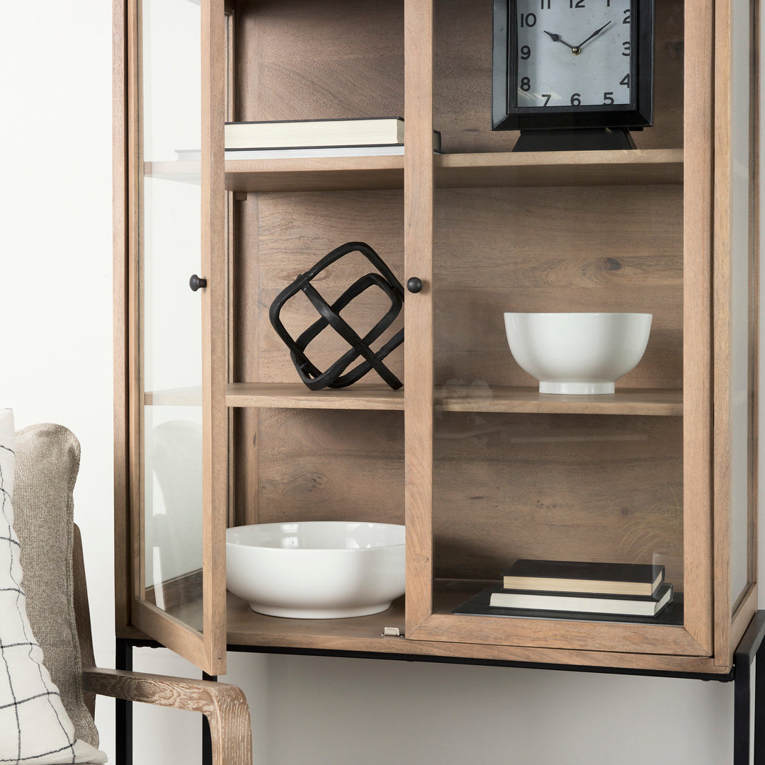 Arelius Light Brown Wood W/ Black Metal Base Display Cabinet Living Room Mercana