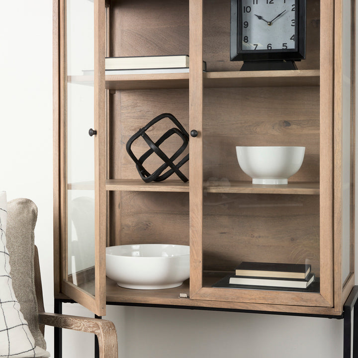 Arelius Light Brown Wood W/ Black Metal Base Display Cabinet Living Room Mercana