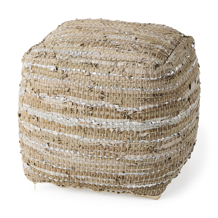 Aadhya Taupe/Silver Leather and Cotton Pouf Living Room Mercana